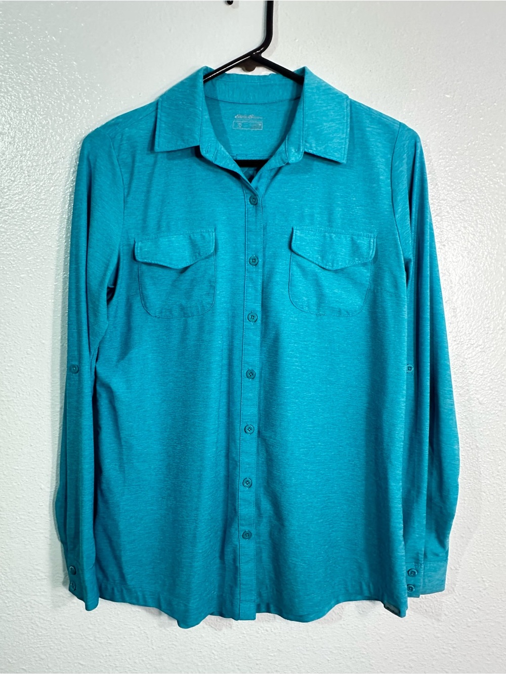 Eddie Bauer Travex Womens M Teal Long Sleeve Roll Tab Stretch Travel Shirt